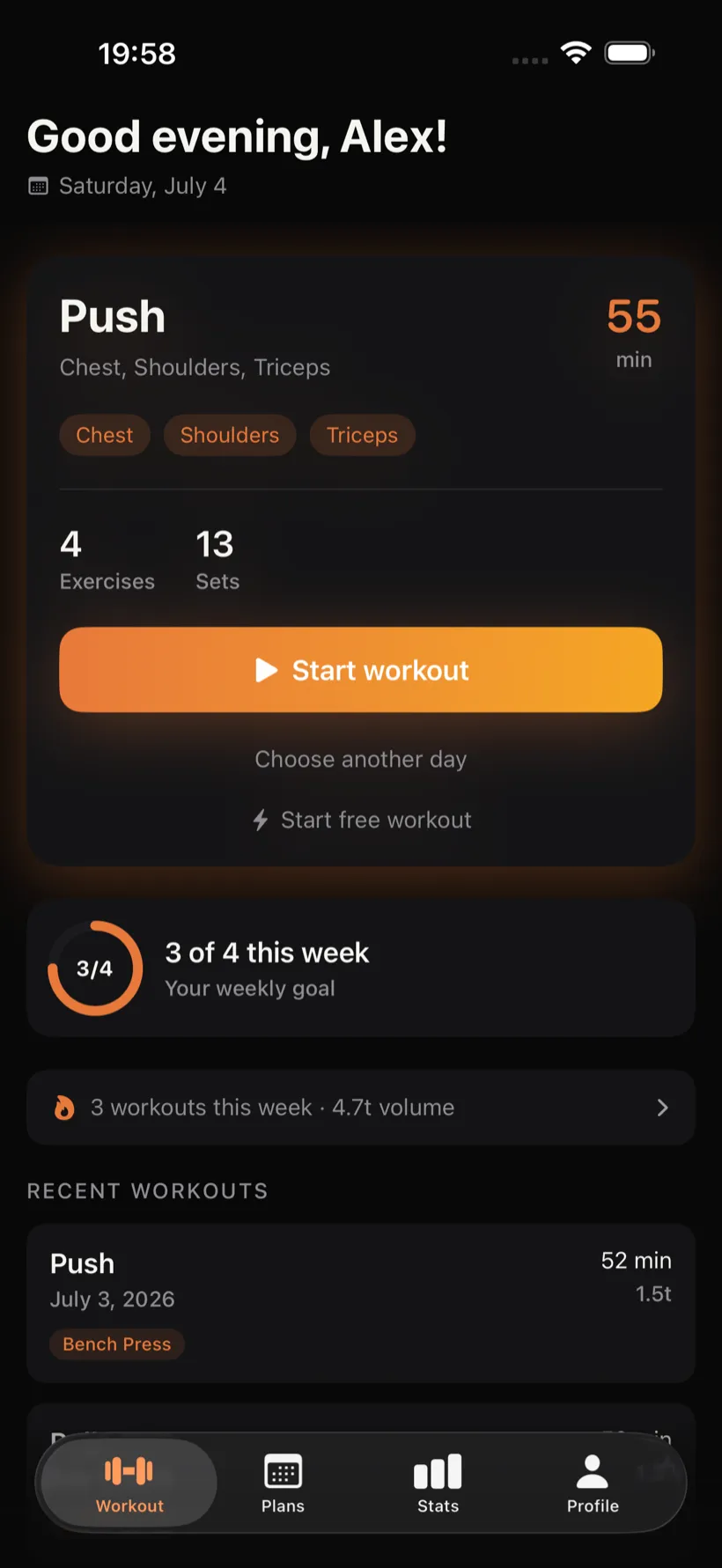 Repp on iPhone: today’s workout ready to go with your plan and training history