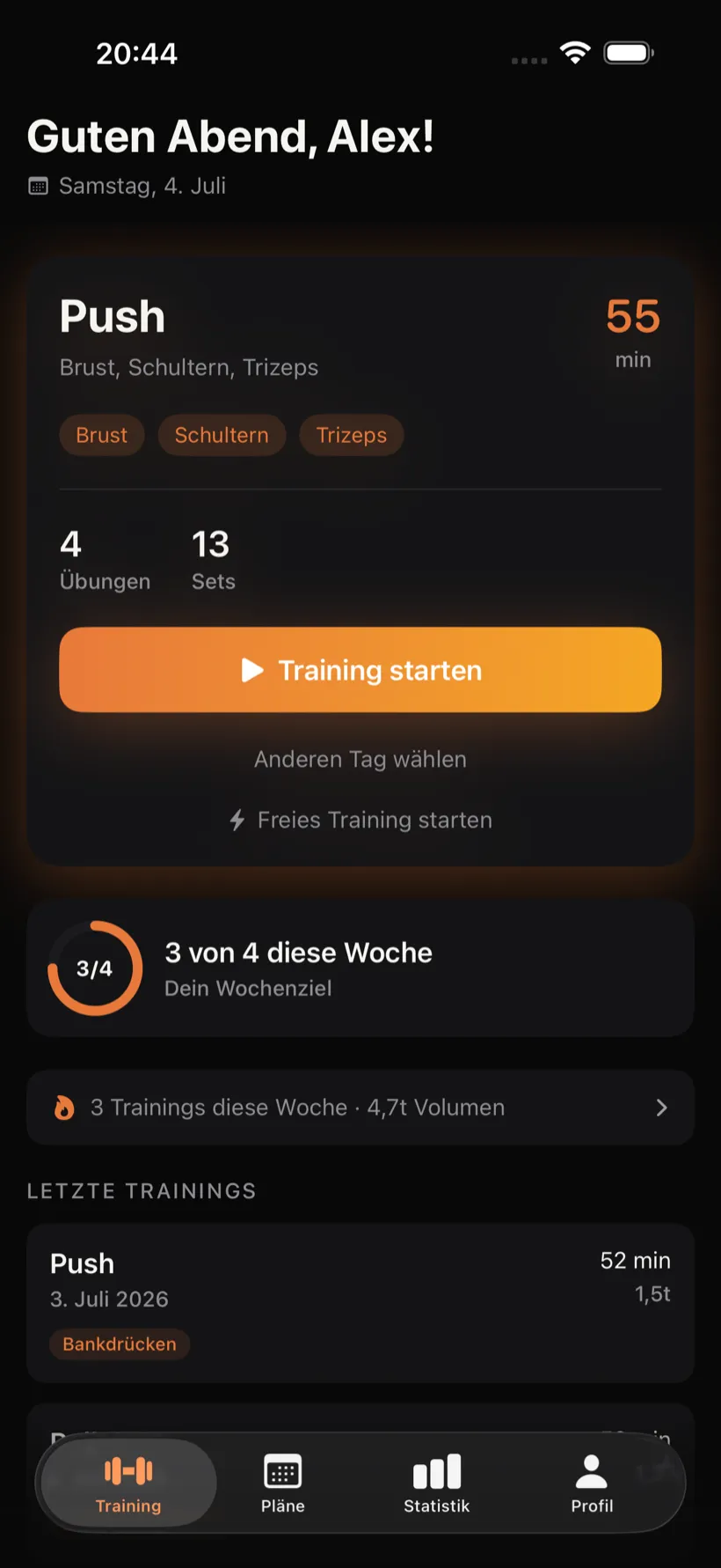 Repp auf dem iPhone: das heutige Training startklar mit Plan und Trainingsverlauf