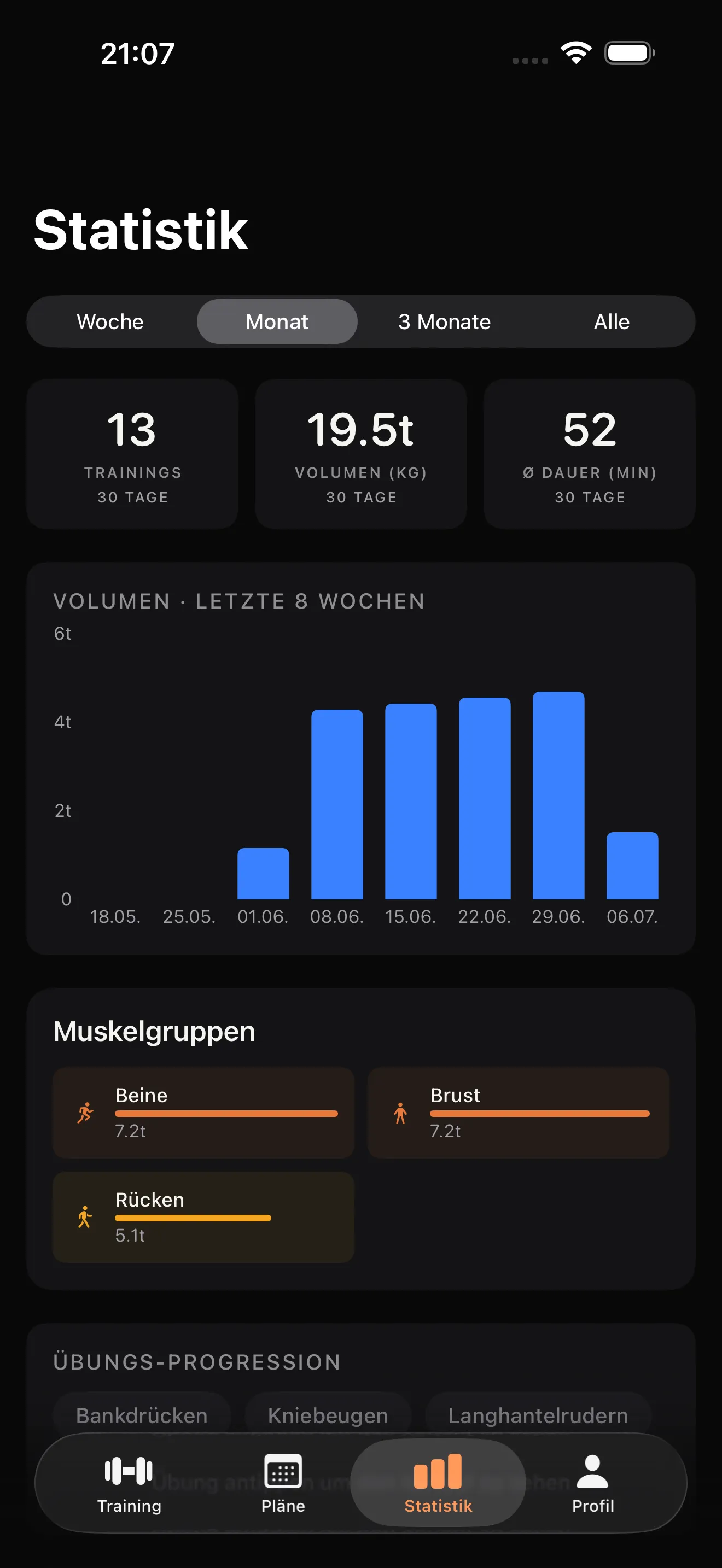 Repp Statistik mit Volumen-Chart und Muskelgruppen-Verteilung