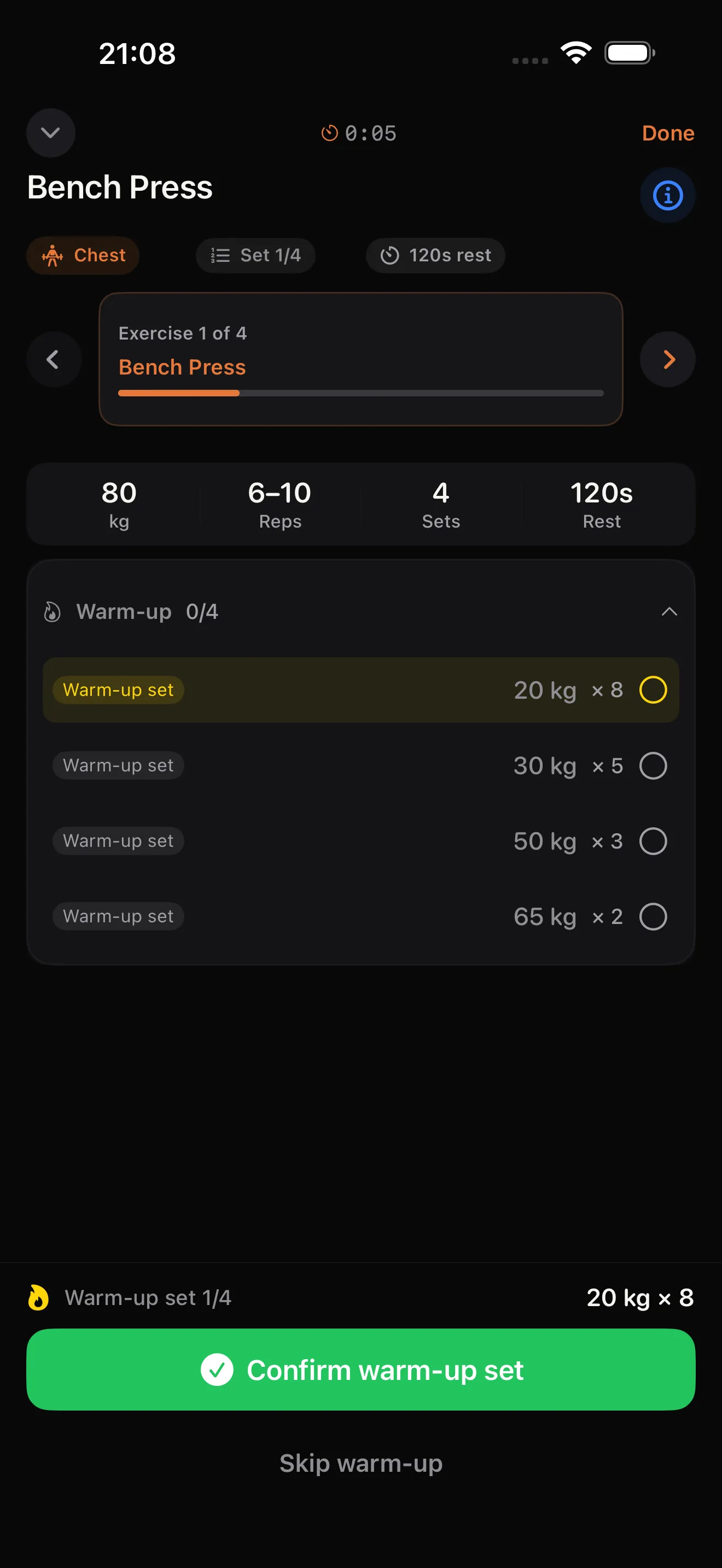 Repp warm-up ramp in an active workout with ascending sets